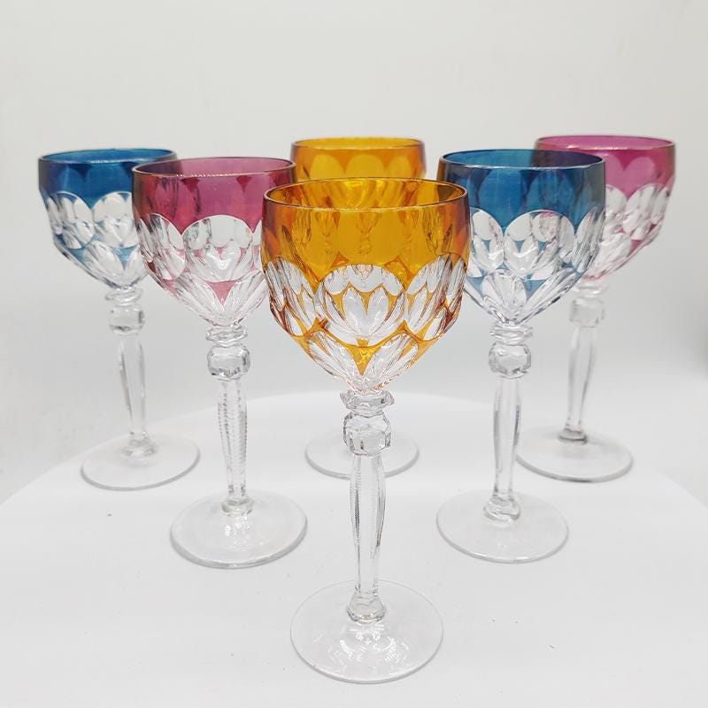 1970s Set of 6 wine Glasses in Lead Crystal by Hofbauer Crystal - Baviera. Made in Germany.