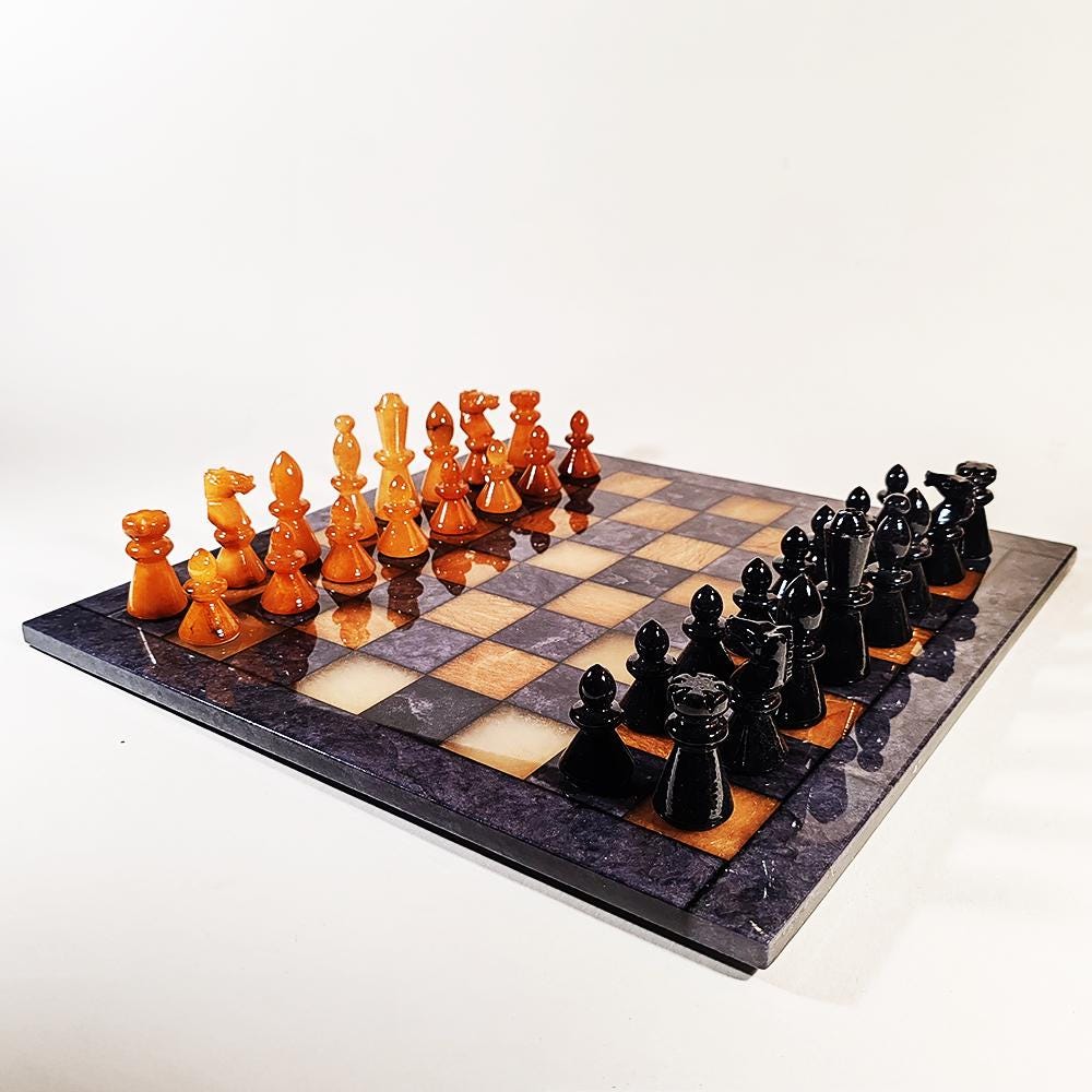 1970s Big Chess Set in Genuine Hand Carved Alabaster of Volterra - Black and Brown - Made in Italy. 40 cm