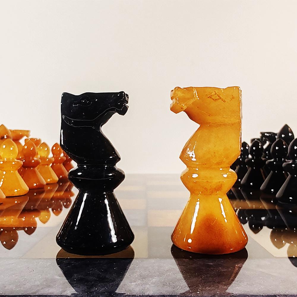 1970s Big Chess Set in Genuine Hand Carved Alabaster of Volterra - Black and Brown - Made in Italy. 40 cm