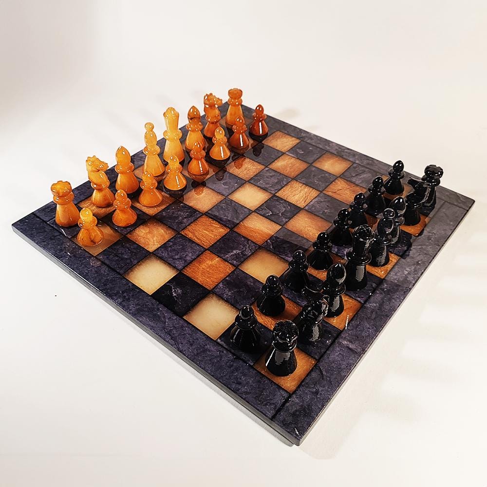 1970s Big Chess Set in Genuine Hand Carved Alabaster of Volterra - Black and Brown - Made in Italy. 40 cm