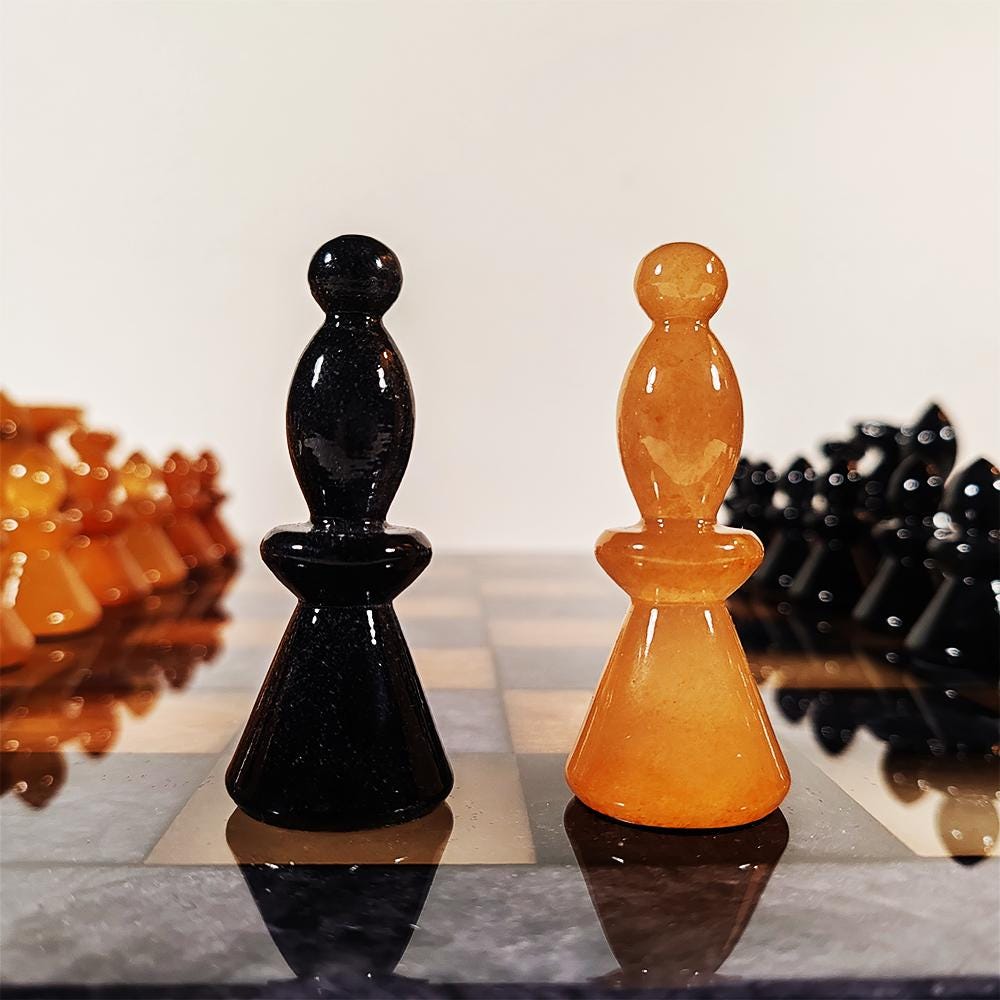 1970s Big Chess Set in Genuine Hand Carved Alabaster of Volterra - Black and Brown - Made in Italy. 40 cm
