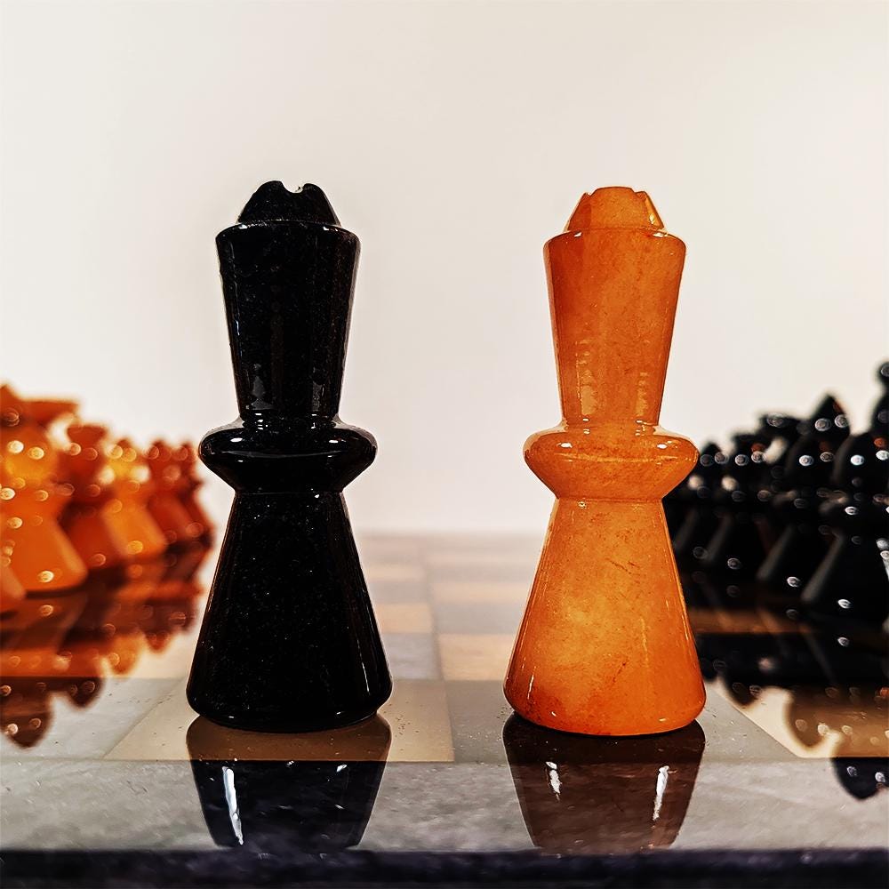 1970s Big Chess Set in Genuine Hand Carved Alabaster of Volterra - Black and Brown - Made in Italy. 40 cm