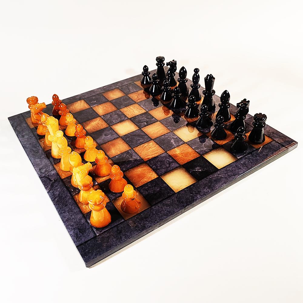 1970s Big Chess Set in Genuine Hand Carved Alabaster of Volterra - Black and Brown - Made in Italy. 40 cm