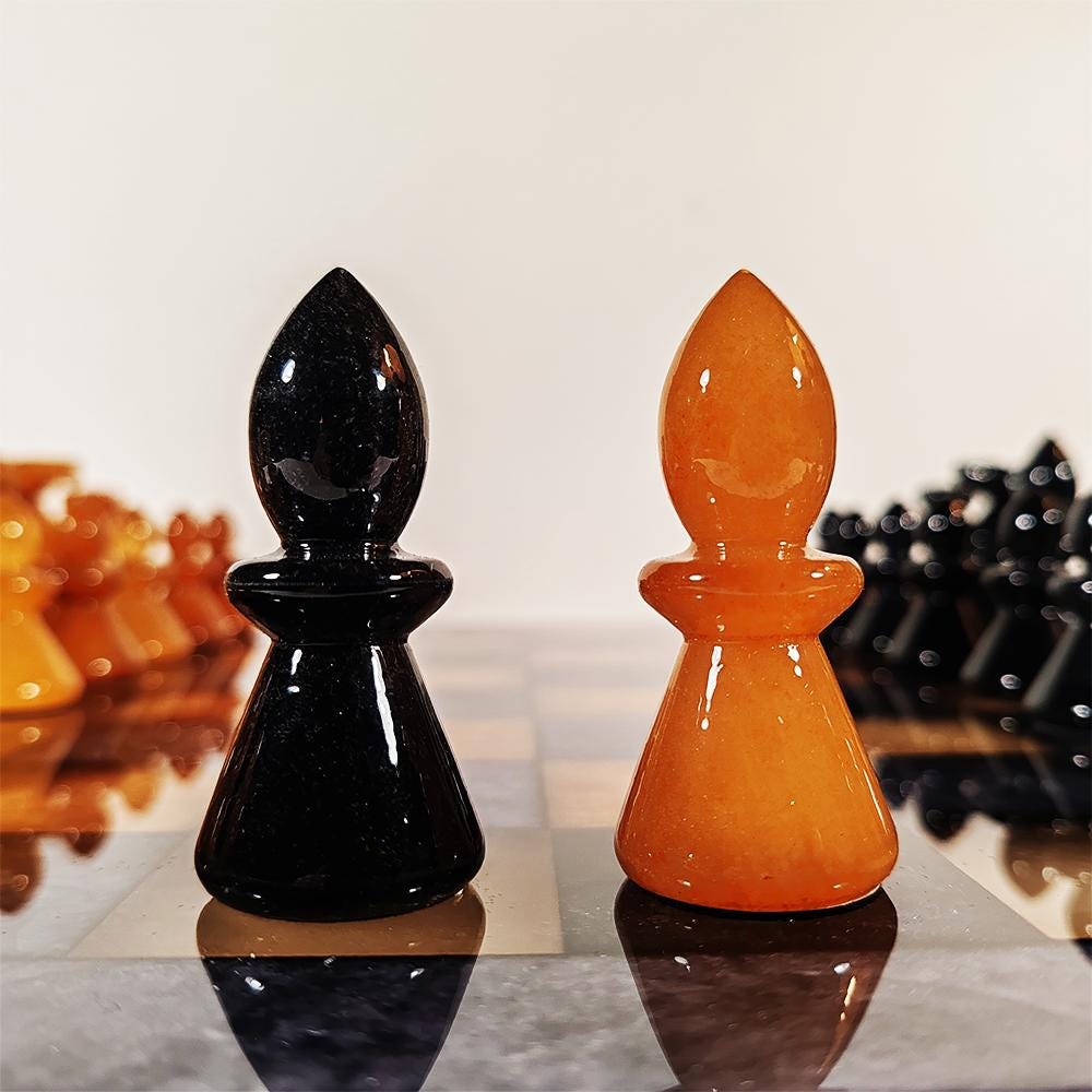 1970s Big Chess Set in Genuine Hand Carved Alabaster of Volterra - Black and Brown - Made in Italy. 40 cm