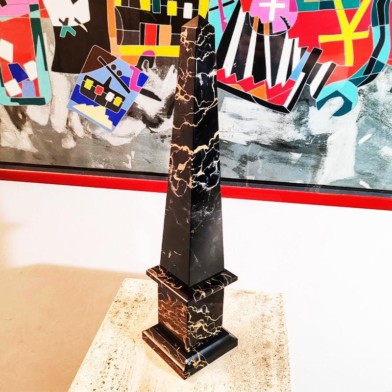 1970s Stunning Big Hand-Carved Obelisk in Black Marble of Portoro with Gold color veins. Made in Italy. 43 cm h.