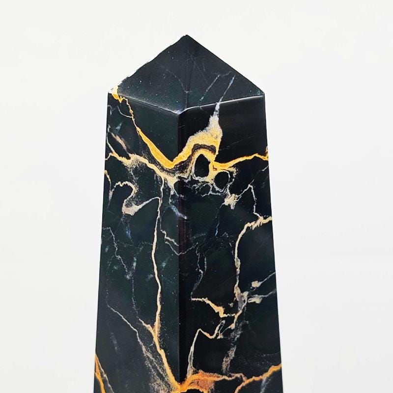 1970s Stunning Big Hand-Carved Obelisk in Black Marble of Portoro with Gold color veins. Made in Italy. 43 cm h.