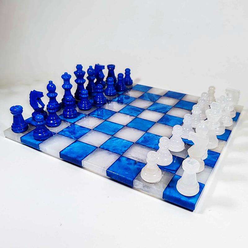 1970s Chess Set in Genuine Hand Carved Alabaster of Volterra. Transparent White and Blue - Made in Italy