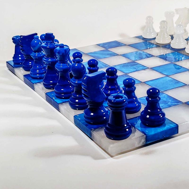 1970s Chess Set in Genuine Hand Carved Alabaster of Volterra. Transparent White and Blue - Made in Italy