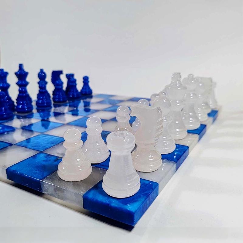 1970s Chess Set in Genuine Hand Carved Alabaster of Volterra. Transparent White and Blue - Made in Italy