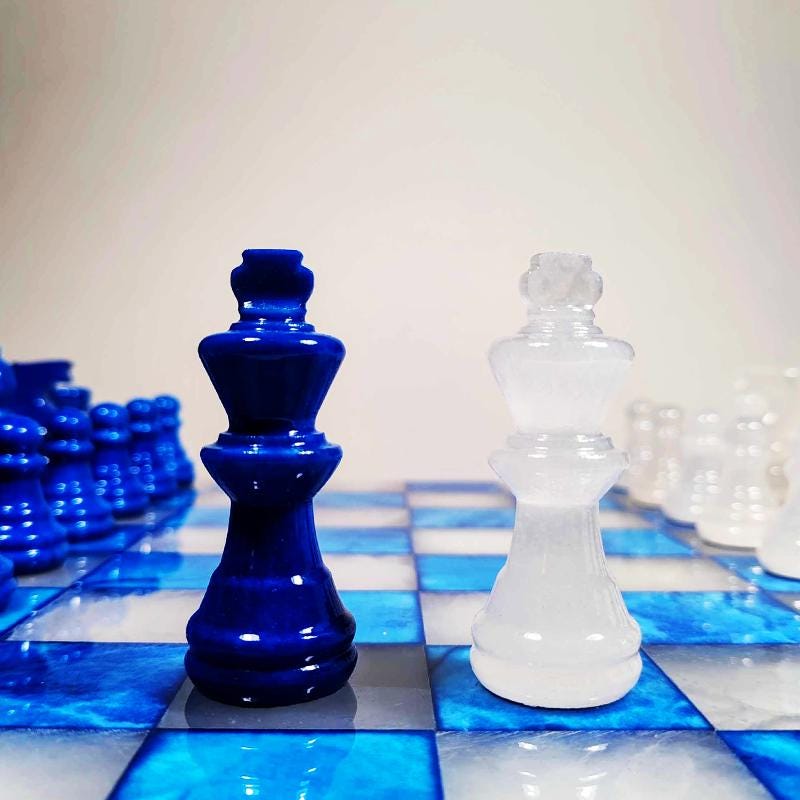 1970s Chess Set in Genuine Hand Carved Alabaster of Volterra. Transparent White and Blue - Made in Italy