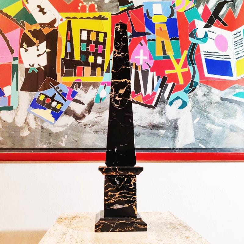 1970s Stunning Big Hand-Carved Obelisk in Black Marble of Portoro with Gold color veins. Made in Italy. 43 cm h.