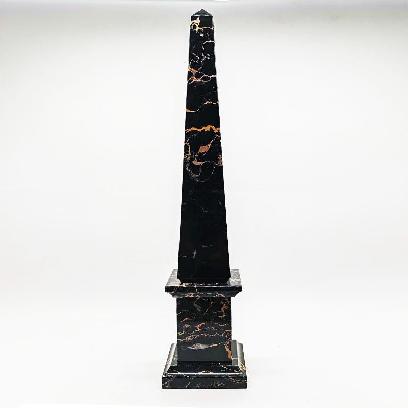 1970s Stunning Big Hand-Carved Obelisk in Black Marble of Portoro with Gold color veins. Made in Italy. 43 cm h.
