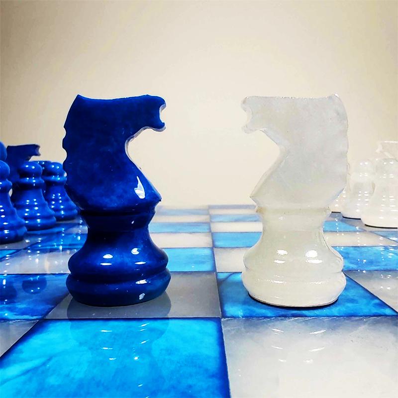 1970s Chess Set in Genuine Hand Carved Alabaster of Volterra. Transparent White and Blue - Made in Italy