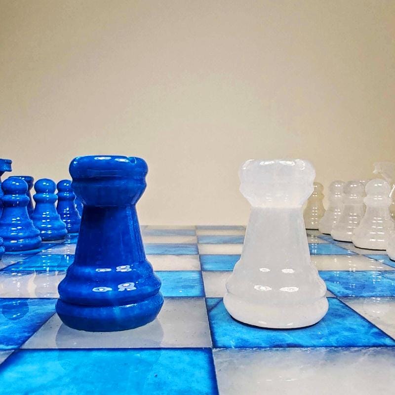 1970s Chess Set in Genuine Hand Carved Alabaster of Volterra. Transparent White and Blue - Made in Italy