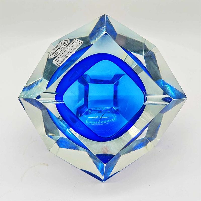 1960s Big Stunning Blue Ashtray or Catch-all in Hand-cut  Murano Glass by Flavio Poli for Seguso. Original Labels.