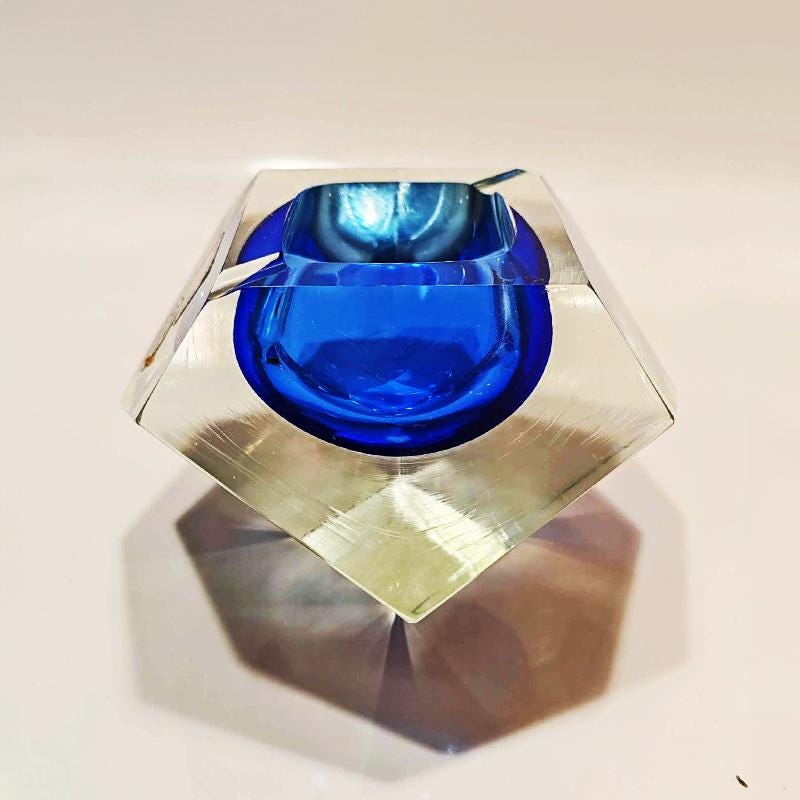 1960s Big Stunning Blue Ashtray or Catch-all in Hand-cut  Murano Glass by Flavio Poli for Seguso. Original Labels.