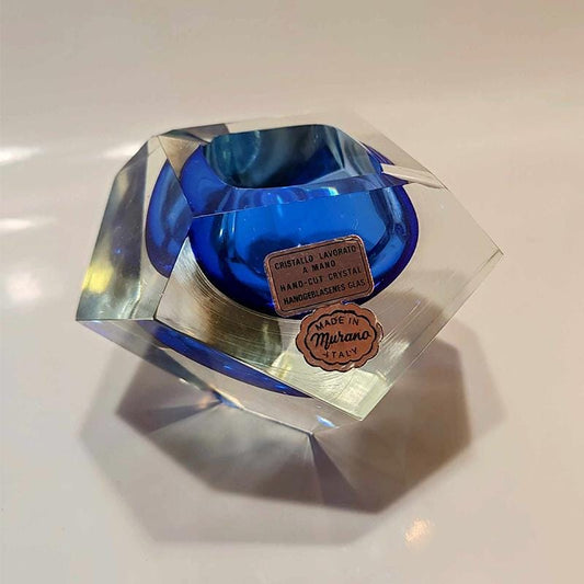 1960s Big Stunning Blue Ashtray or Catch-all in Hand-cut  Murano Glass by Flavio Poli for Seguso. Original Labels.