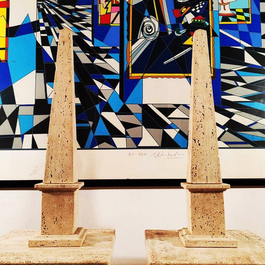 1960s Stunning Pair of Large Obelisks in Hand Carved Italian Travertine. Made in Italy - 50 cm h - 19.68 h inches.