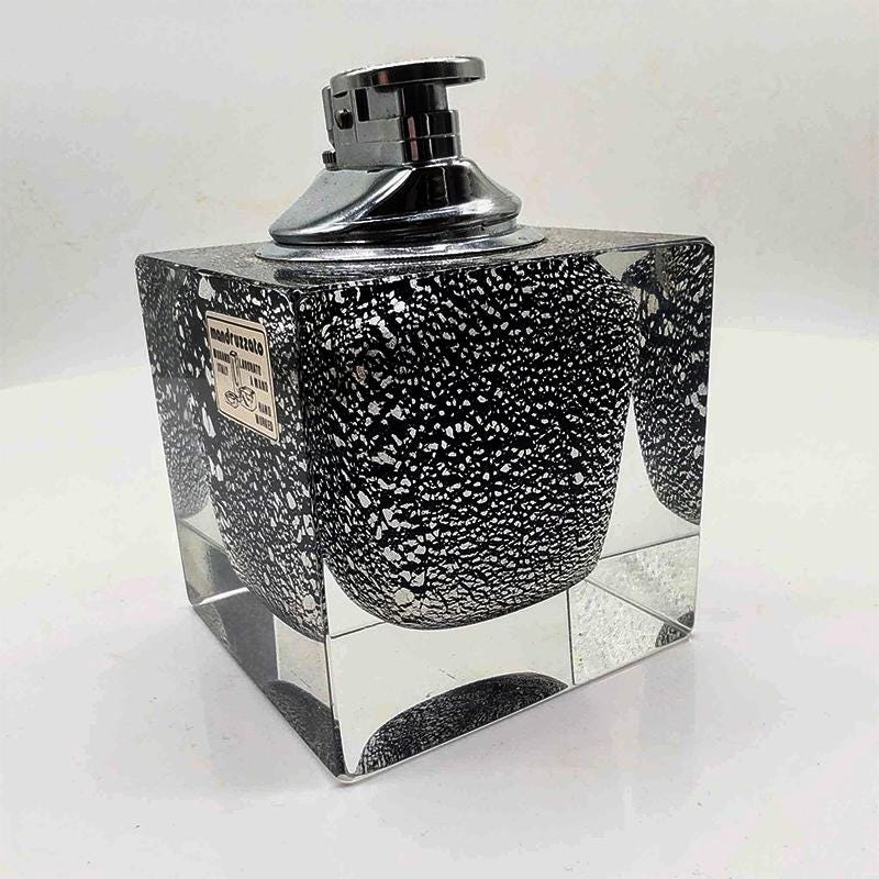 1980s Stunning  Rare Lighter in Handworked Glossy Black Glass of Murano with Silver Accents by Mandruzzato. Made in Murano, Italy