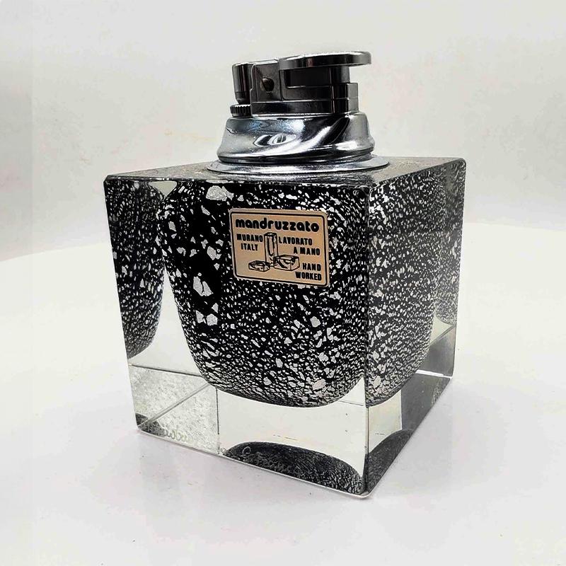 1980s Stunning  Rare Lighter in Handworked Glossy Black Glass of Murano with Silver Accents by Mandruzzato. Made in Murano, Italy