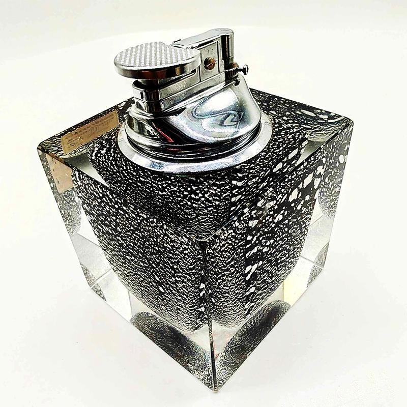 1980s Stunning  Rare Lighter in Handworked Glossy Black Glass of Murano with Silver Accents by Mandruzzato. Made in Murano, Italy