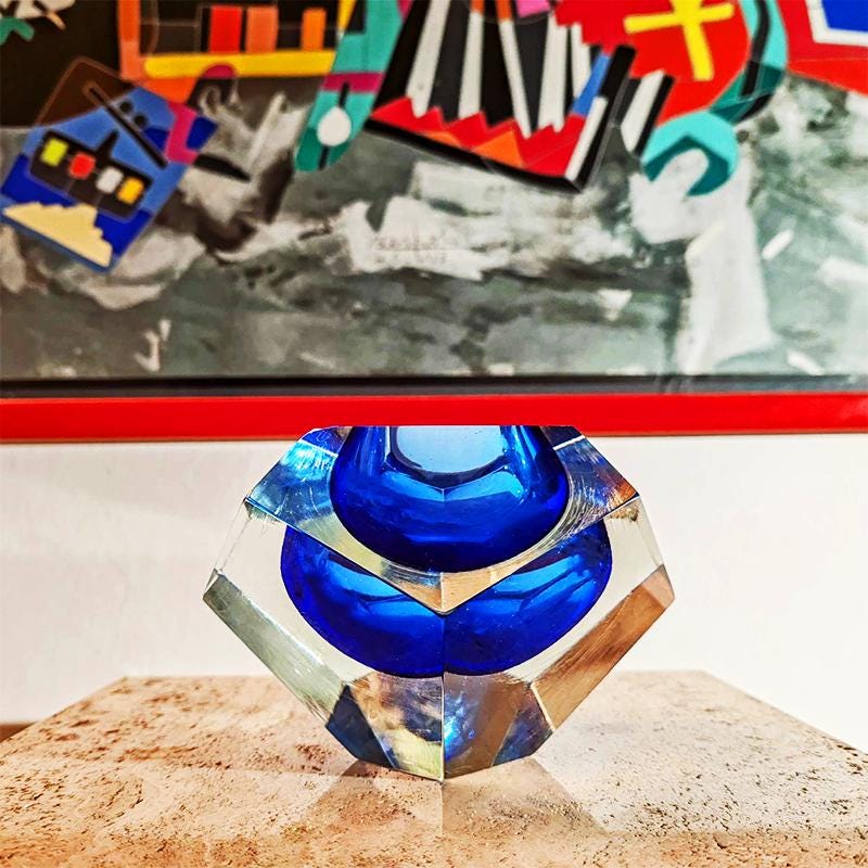 1960s Big Stunning Blue Ashtray or Catch-all in Hand-cut  Murano Glass by Flavio Poli for Seguso. Original Labels.