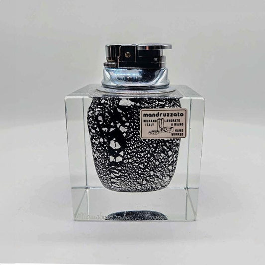 1980s Stunning  Rare Lighter in Handworked Glossy Black Glass of Murano with Silver Accents by Mandruzzato. Made in Murano, Italy