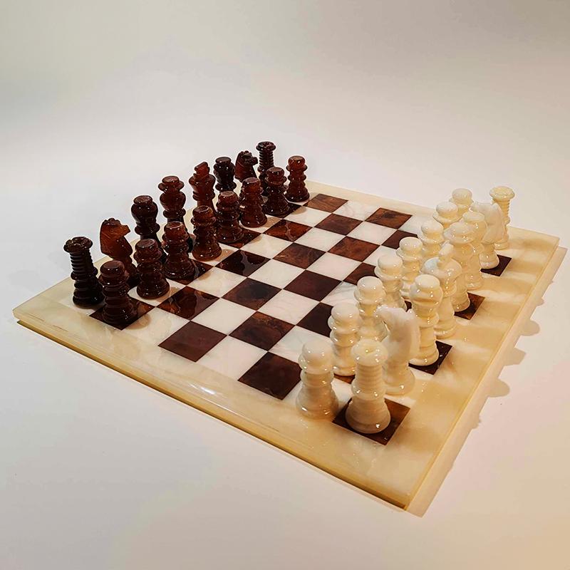 1970s  Chess Set in Genuine Hand Carved Alabaster of Volterra - White and Brown  with Original Box.