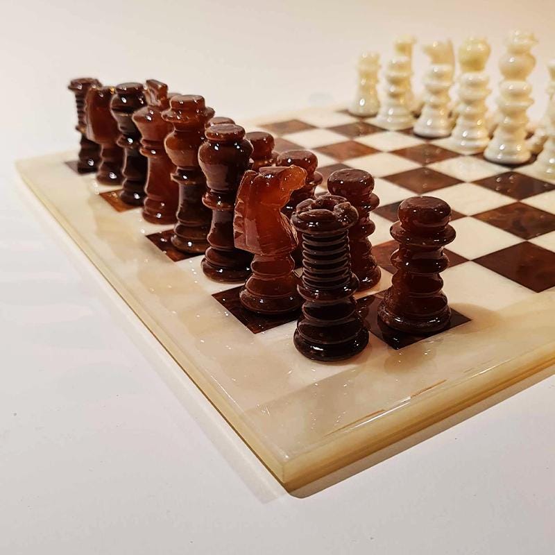 1970s  Chess Set in Genuine Hand Carved Alabaster of Volterra - White and Brown  with Original Box.