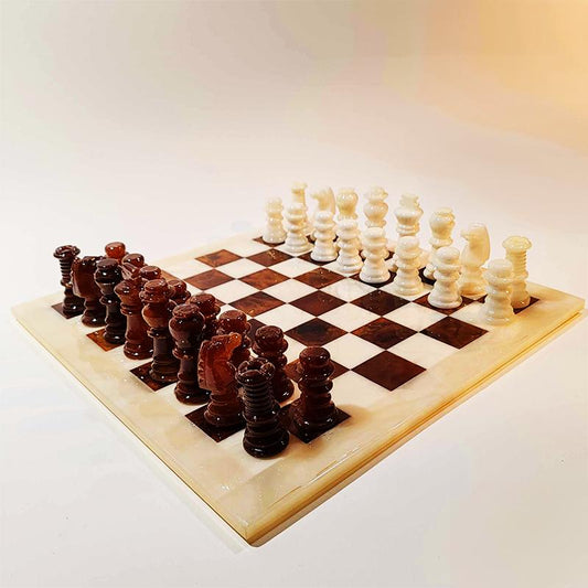 1970s  Chess Set in Genuine Hand Carved Alabaster of Volterra - White and Brown  with Original Box.