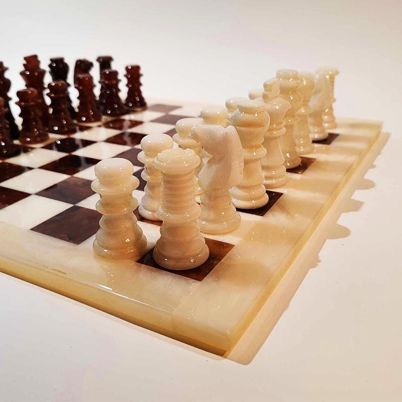 1970s  Chess Set in Genuine Hand Carved Alabaster of Volterra - White and Brown  with Original Box.