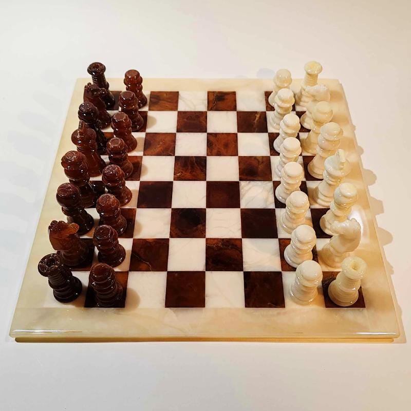 1970s  Chess Set in Genuine Hand Carved Alabaster of Volterra - White and Brown  with Original Box.