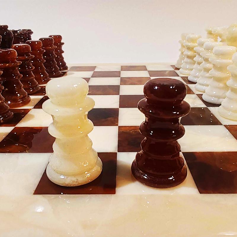 1970s  Chess Set in Genuine Hand Carved Alabaster of Volterra - White and Brown  with Original Box.