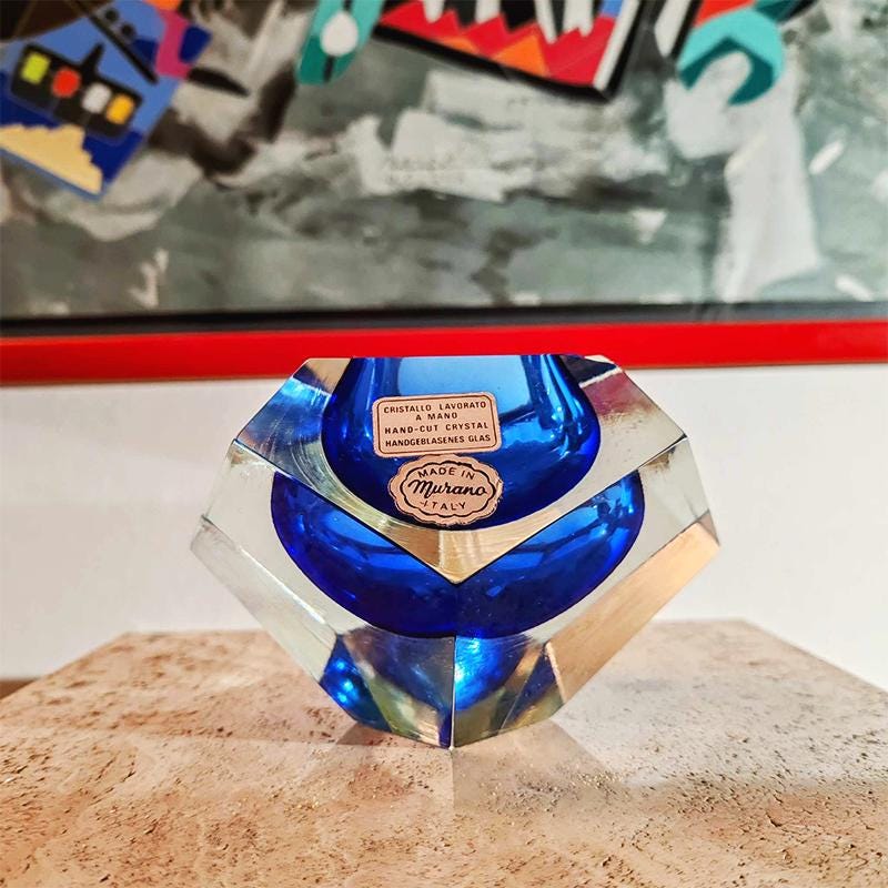 1960s Big Stunning Blue Ashtray or Catch-all in Hand-cut  Murano Glass by Flavio Poli for Seguso. Original Labels.
