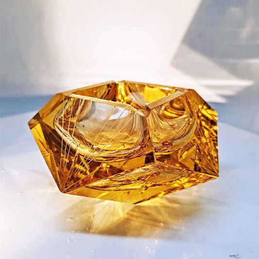 1960s Rare Gold Multifaceted Ashtray or Catch-all in Murano Glass by Flavio Poli for Seguso. Made in Italy.