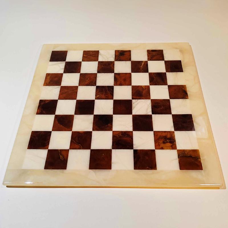 1970s  Chess Set in Genuine Hand Carved Alabaster of Volterra - White and Brown  with Original Box.
