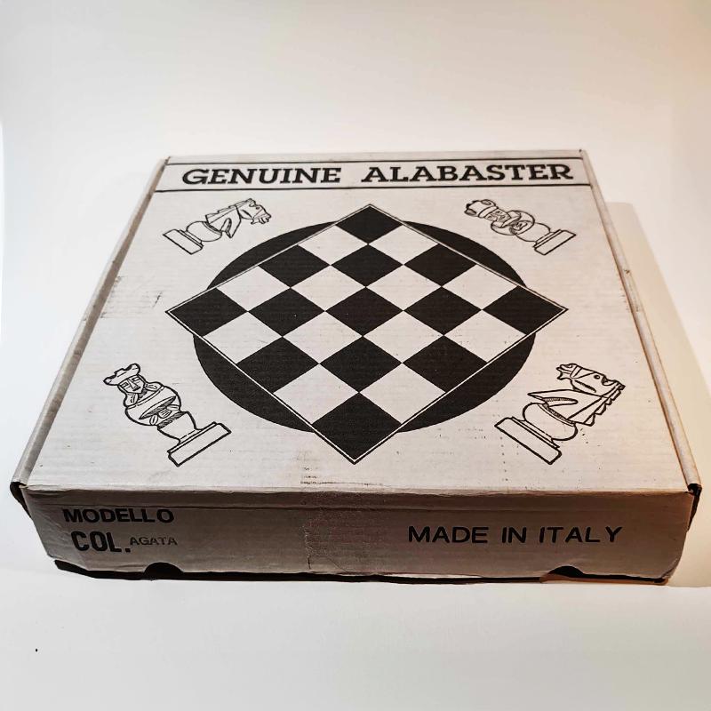 1970s  Chess Set in Genuine Hand Carved Alabaster of Volterra - White and Brown  with Original Box.