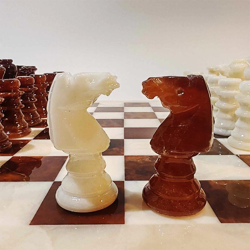 1970s  Chess Set in Genuine Hand Carved Alabaster of Volterra - White and Brown  with Original Box.
