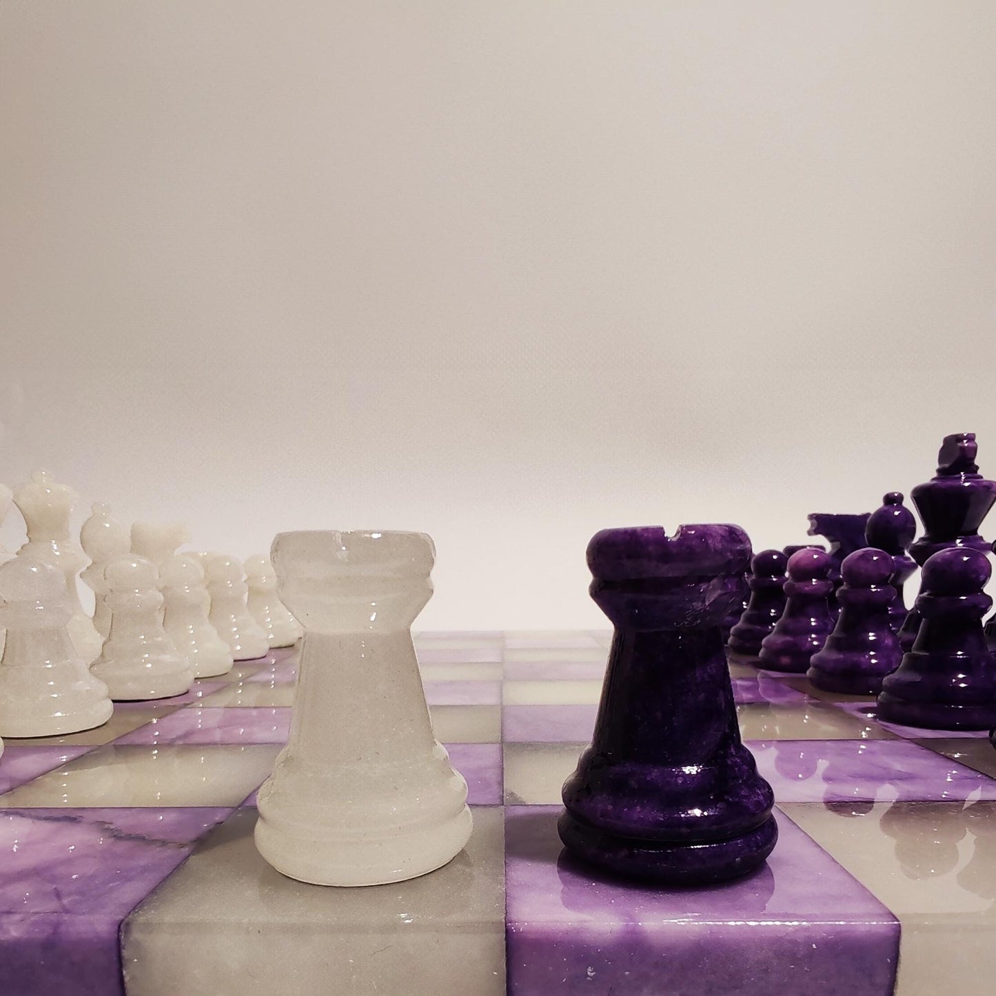 1970s Chess Set in Hand Carved Genuine  Alabaster of Volterra.  Transparent White and Purple - Made in Italy