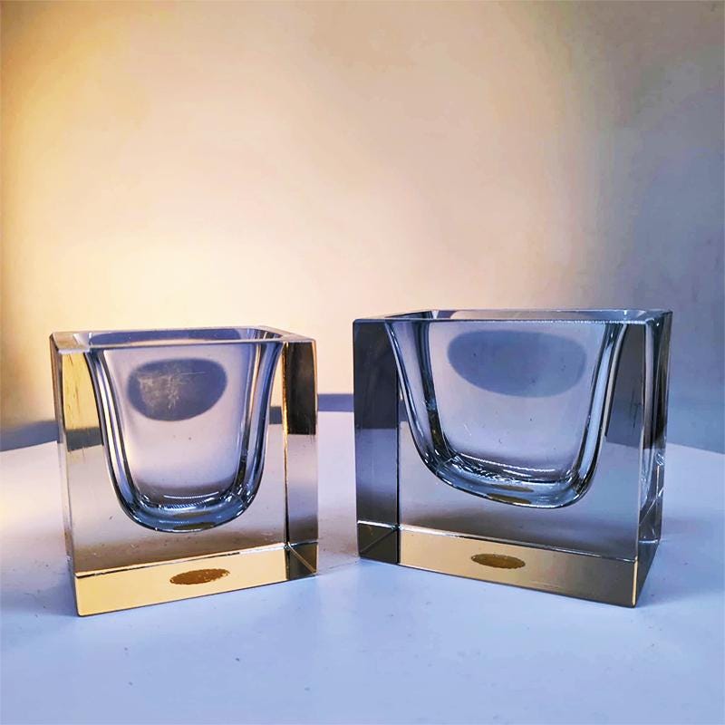 1960s Set of 2 Rectangular Transparent Ashtray / Bowl or Catch-all in Murano Glass by Flavio Poli for Seguso. Made in Italy.