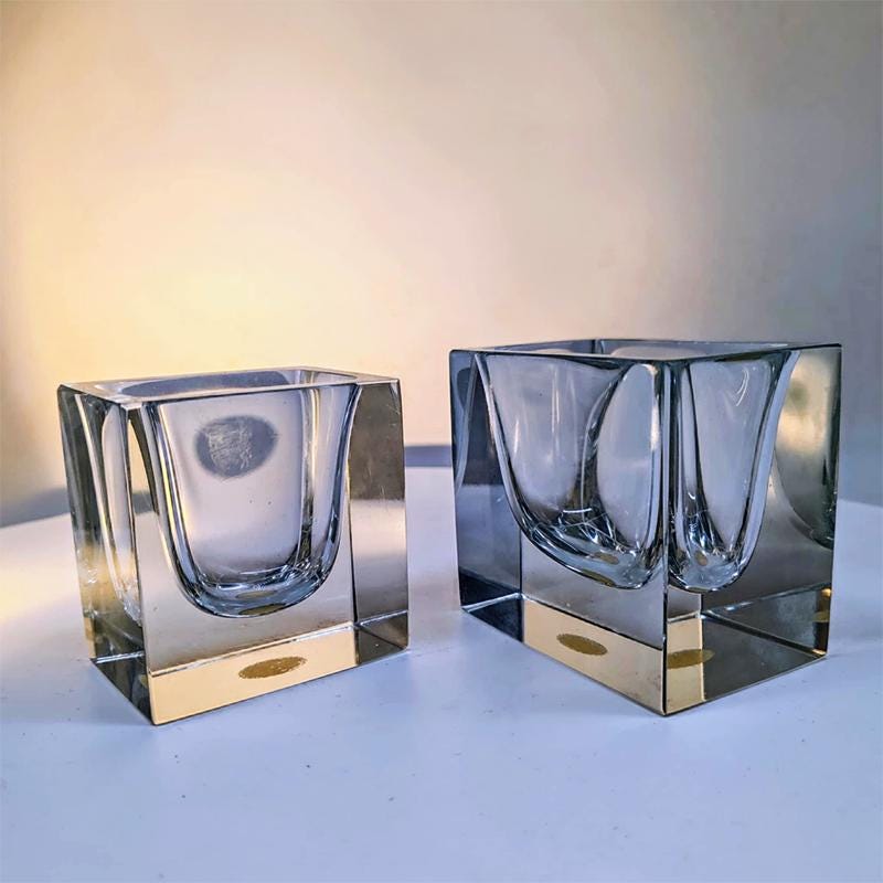 1960s Set of 2 Rectangular Transparent Ashtray / Bowl or Catch-all in Murano Glass by Flavio Poli for Seguso. Made in Italy.