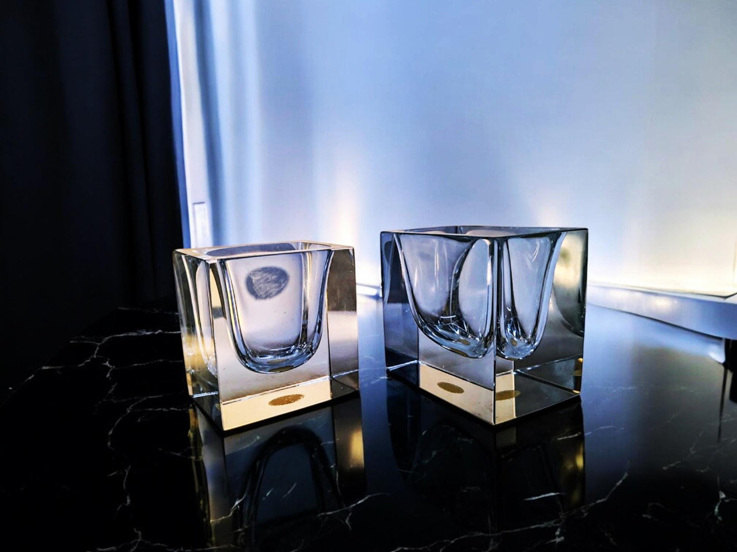 1960s Set of 2 Rectangular Transparent Ashtray / Bowl or Catch-all in Murano Glass by Flavio Poli for Seguso. Made in Italy.