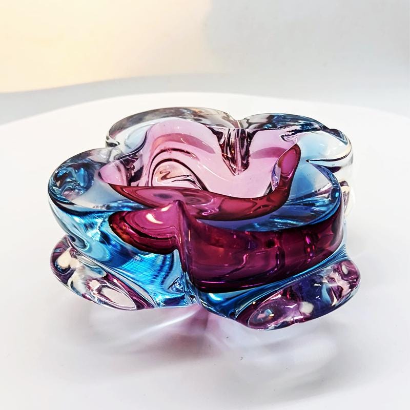 1960s Stunning Pink and Sky Blue Ashtray or Catch-all in Murano Glass. Made in Italy.