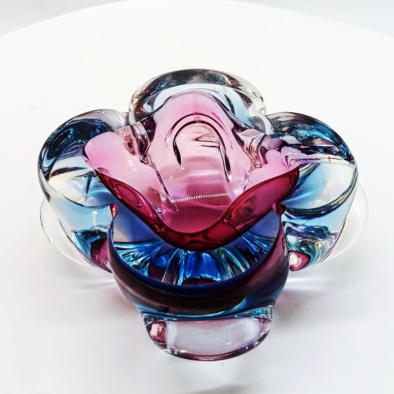 1960s Stunning Pink and Sky Blue Ashtray or Catch-all in Murano Glass. Made in Italy.