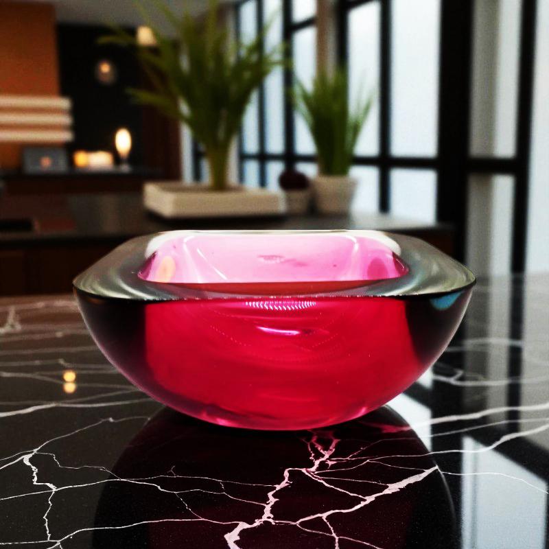 1960s Pink Square with Round Corners Ashtray or Catch-all in Murano Glass. Made in Italy.