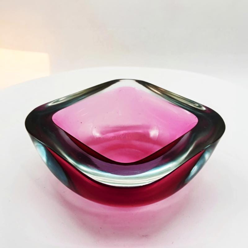 1960s Pink Square with Round Corners Ashtray or Catch-all in Murano Glass. Made in Italy.