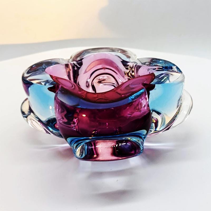 1960s Stunning Pink and Sky Blue Ashtray or Catch-all in Murano Glass. Made in Italy.