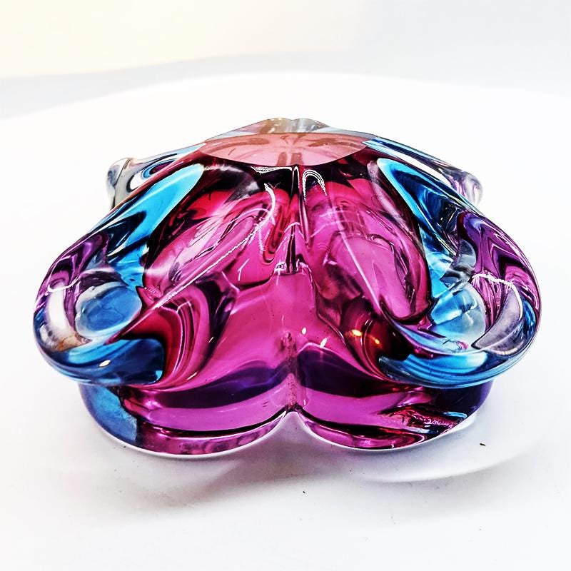 1960s Stunning Pink and Sky Blue Ashtray or Catch-all in Murano Glass. Made in Italy.