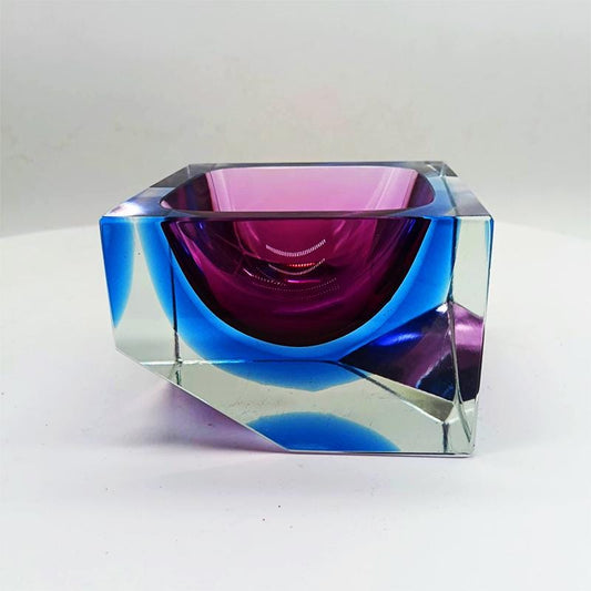 1960s Very Rare Square Ashtray with two faceted corners and three Submerged colors in Murano Glass by Flavio Poli for Seguso. Made in Italy.