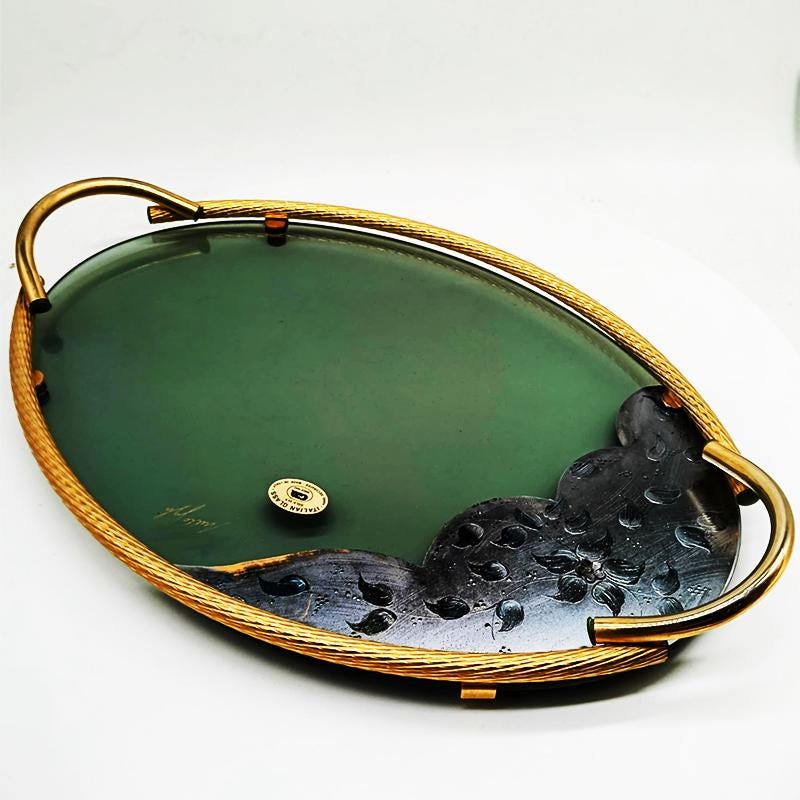 Vintage Stunning Set with 6 Glasses and a Tray in Murano Glass with hand decorated 24K Gold finishes by GN Murano.